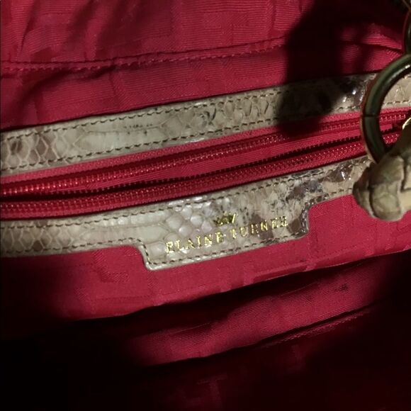 Elaine Turner Snakeskin & Woven Straw Tote Bag - Cream/Tan with Pink Interior - Picture 8 of 11